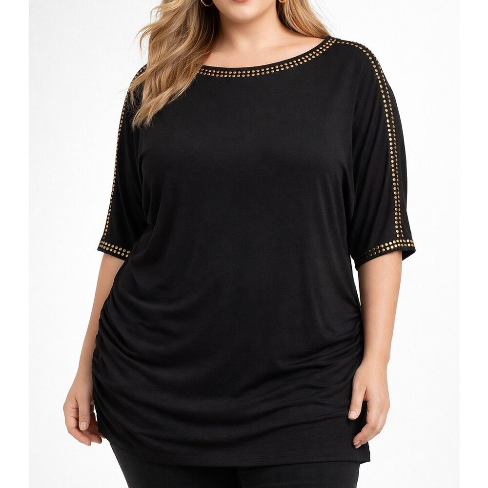 Tahari Black Studded Dolman Sleeve Tunic Top Gold Studs Ruched Sides 2X